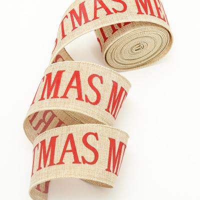 China Wholesale Sustainable Christmas Designs Hot Stamping Printed Christmas Ribbon With Satin Wired Edge for sale