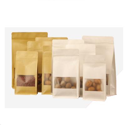 China Brown Easy Tear Packaging Paper Zipper Moisture Proof Recyclable Coffee Snack Bags With Clear Window for sale