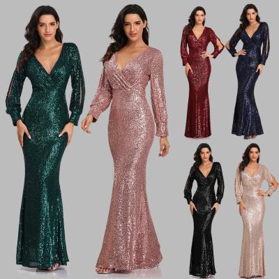 China High-waisted long dress 2021 sequin evening dress v-neck sleeve Amazonian style anti-static women's long dress for sale