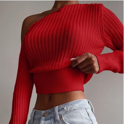 China Anti-wrinkle OEM women long sleeve 0 - neck off-the-shoulder knitted soild color pullover knit pullover winter for sale