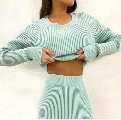 China 2021 new Anti-wrinkle fashion casual slim outfits white dress color block knitted top skirt two-piece sweater sets korean women clothes for sale