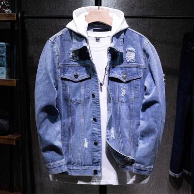 China Hot sale men's jacket QUICK DRY ripped old washed denim jacket lattice man clothing fashion denim coat for men for sale