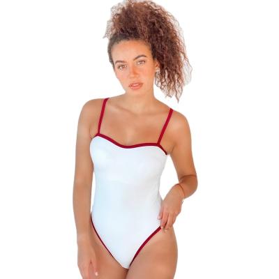 China Women Anti-UV Straight One Piece Swimsuit Sexy Textured White Straps Adjustable Neckline Swimwear for sale