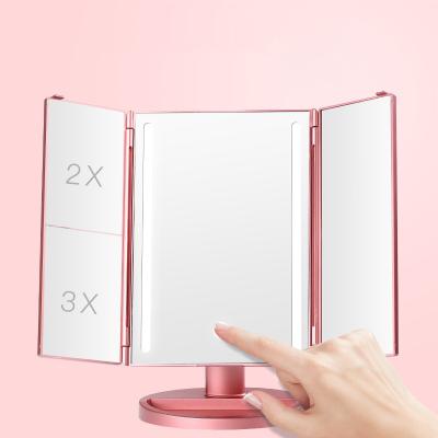 China Amazon Success Lighted Vanity Led Travel Makeup Mirror Desktop Lighted Triple Magnified Make Up LED Mirror With Light for sale