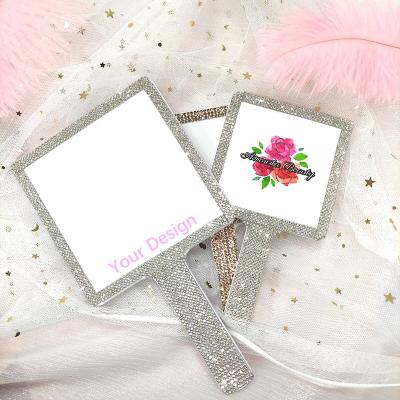 China Enlargement Recycle Mother's Day Logo Square Rhinestone Handheld Small Cosmetic Mirror Custom Private Label Folding Double Side Makeup Mirror for sale