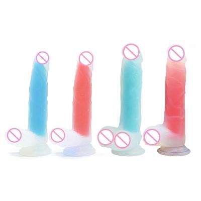 China Dual Layered Design Elastic 7 Inch Double Drunk Skin Hard Core Layered Luminous Silicone Glow In The Dark Dildo Penis For Women for sale