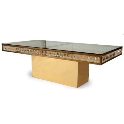 China DINING TABLE Unique Design Banquet Reception Stainless Steel Gold Glass Top Table for sale