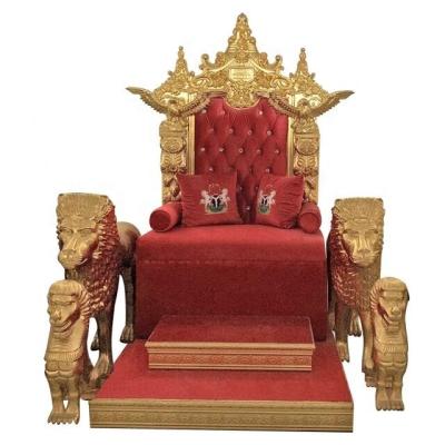 China Contemporary High End Solid Wood Carving Chairs 4 Lions Red Gold Wedding Royal King Chair Throne Luxury for sale