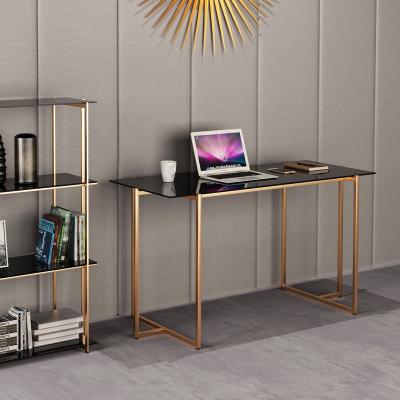 China Luxury Luxury Modern Golden Leg Grey Tempered Glass Top Office desk Hot Sale Table Computer Desk  Bedroom Study Desk for sale