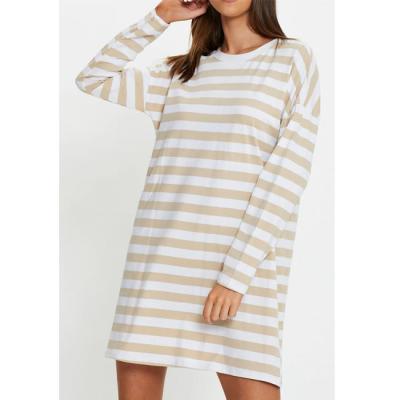 China Breathable Custom Logo Women Long Sleeve Crew Neck Stripe Cotton Casual T-Shirt Dress for sale