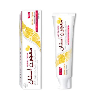 China Anti-Cavity AHQ Anti-Yellowing Gum Fresh Lemon Toothpaste for Arabic region promote healthy gum 108g OEM/ODM service toothpaste manufacturer for sale