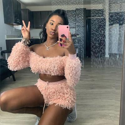 China 2021 QUICK DRY Autumn Off Shoulder Navel Shorts Full Two Piece Suit Shorts Set Pink Feminine Women Two Piece Set for sale