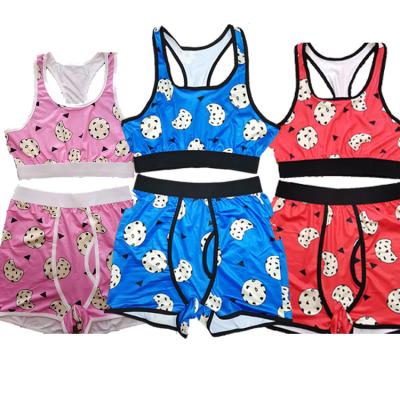 China Breathable hot selling women cookie printed crop top boxer sportswear short onesie yoga 2 piece set for sale