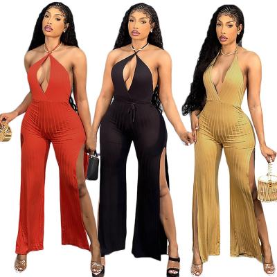 China 2021 Fashion Breathable Sleeveless High Slit Backless Rompers Solid Halter Jumpsuit Women for sale