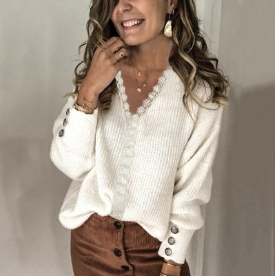 China European and American new style autumn and winter women's breathable loose long-sleeved sweater solid color lace V-neck jacket sweater for sale