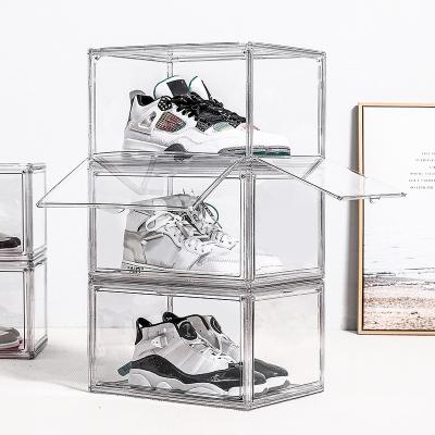 China Clear Plastic Stackable Type 4 Drawer Foldable Magnetic Clear Shoe Box Viable Side Open Larage Shoe Storage Boxes for sale