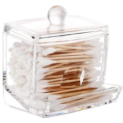 China Qtip Viable Acrylic Holder With Clear Plastic Lid Ear Stick Swabs Decorative Organizer Cotton Swabs Box Holder Place Storage for sale