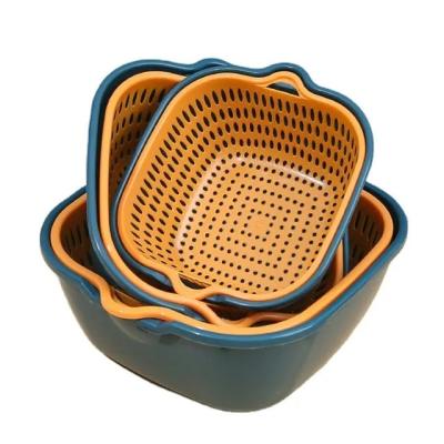 China 2 Viable In 1 Double-layer Storage Drain Basket Fruit Vegetable Sink Colander Stackable Plastic Wash Basket Set Kitchen Supplies for sale