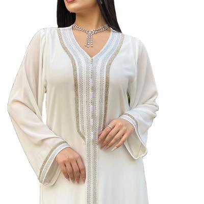 China News V-Neckline Long Sleeve Abaya Muslim Women Dress Long Dress White Muslim Abaya White Gold Abaya Muslim Women Dress for sale