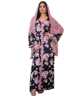 China New Polyester Satin Elegant Custom Women Floral Printing Daily Wear Abaya for sale