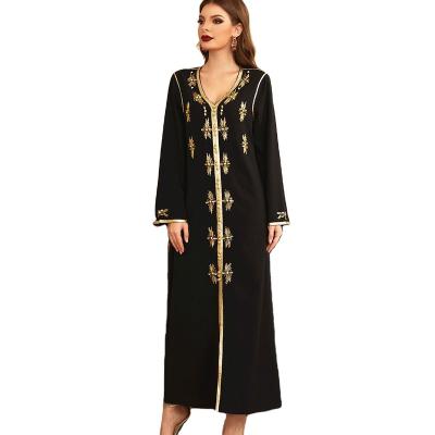 China Long Abaya Robes Muslim Prayer Clothing For Heavy Lndustry Hand-stitched V-neck Gold Border Pipe Rhinestone Abaya for sale