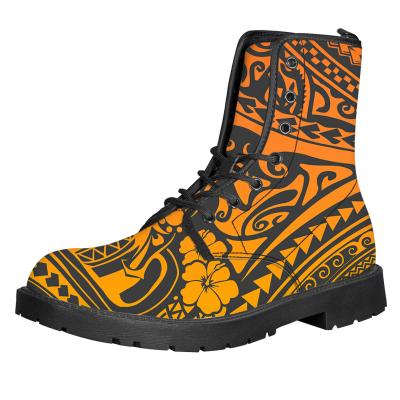 China Wholesale Hawaiian Tribal Orange Pattern Women's Winter Round Toe Hibiscus Boots Lace-up Boots Custom Design Logo Made in China for sale