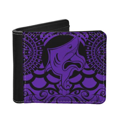 China Maori Tribal Shark Polynesian Tattoo Tapa Print Purple Wallets Leather Waterproof Men's Leather Bifold Pocket Minimalist Slim Wallet for sale