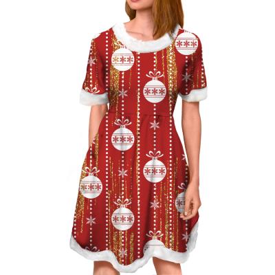 China Red Print Women Christmas Pattern Christmas Surprise Gift Christmas Short Sleeve Breathable Office Dress Female Party Wear for sale