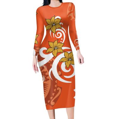 China Anti-static plus size ladies dress samoa flower dress wholesale tropical casual tight cocktail style long O-neck for sale