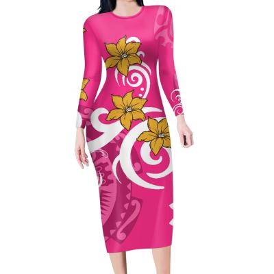 China Anti-Static Plus Size Ladies Dress American Samoa Polynesia Style Tropical Floral O-Neck Cocktail Tight Casual Midi Dress for sale