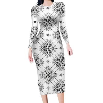 China Anti-Static African Ethnic Polynesian Geometric Elegant Long O-Neck Tribe Pattern Long Sleeve Tight Skirt Ladies Dress Wholesale for sale