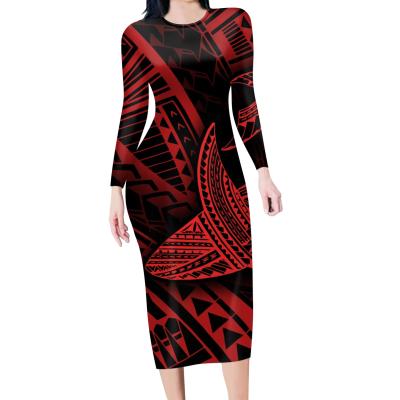 China 2021 Autumn New Polynesian Tattoo Anti-static Red Dress Shark Printing Women's Round Neck Long Sleeve Tight Dress for sale