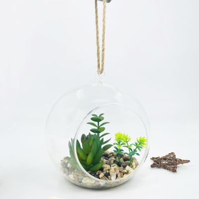 China Modern Hanging Type Glass Planter Pots With Lifelike Artificial Succulent Plants For Home Decoration for sale