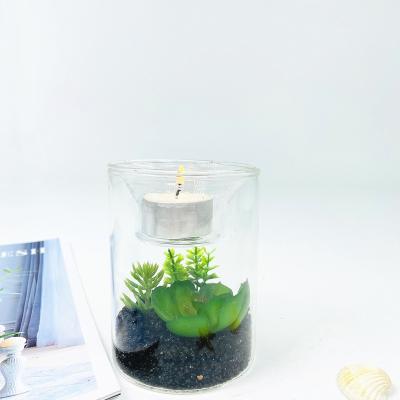 China Home Decoration Glass Candle Holder With Lifelike Artificial Succulent Plants Windproof Candle Holder for sale