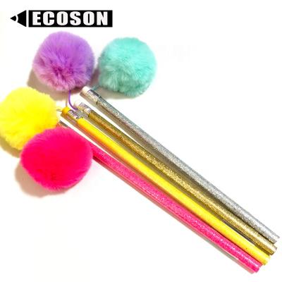 China STUNNING CUTE Purple Pencil Light Green Yellow Gold Funny Pink Fuzzy Furry Pom Pom Pencil Silver Wooden For Kids for sale