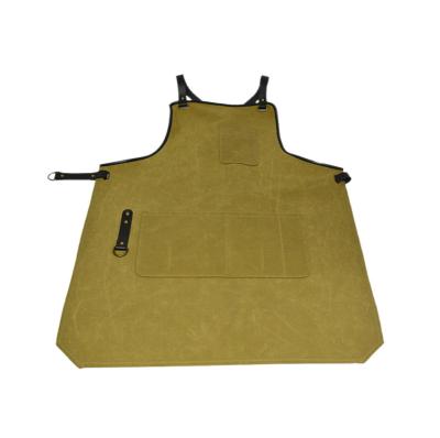 China Durable Eco-Friendly/Reusable Waxed Canvas Shop Chef Bartender Garden Apron With Pockets Leather Straps for sale