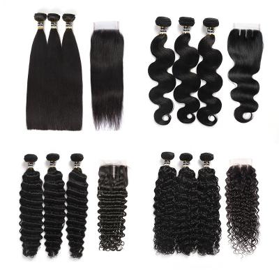 China 100% Virgin Hair Bulks Wholesale 100% Hair Weft With Closure Brazilian Remy Hair Extension Raw Virgin Hair Cuticle Aligned Curly Straight Hair Bundles for sale