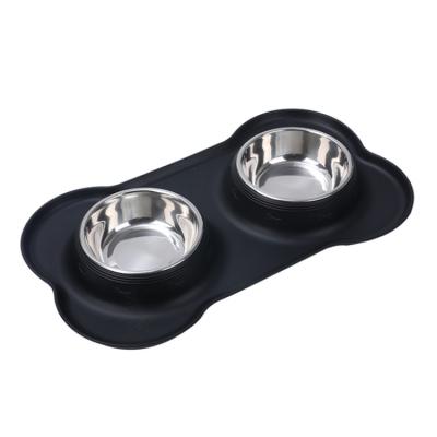 China Sustainable Double Pet Food Bowls Foldable Stainless Steel Dog Bowls With Silicone Mat for sale