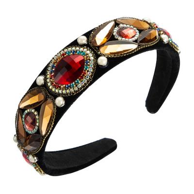 China European And American Retro Diamond Hair Bands Women's Fashion Baroque Big Colorful Crystal Pearl Wide Headband for sale