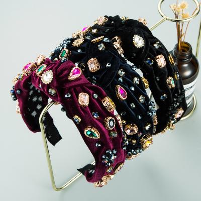 China Knotted Rhinestone Beaded Wide Headband Top Knot Hair Bands Women's Thick Velvet Turban Hair Hoop for sale