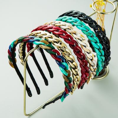 China Wholesale New Designer Simple Acrylic Chain Plain Color Hair Band For Women Girl Gold Thin Headband for sale