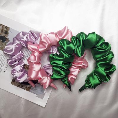 China New Designer Korean Imitated Silk Fold Satin Pure Color Women Pleated Scrunchie Headband Purple Pink Hairband for sale