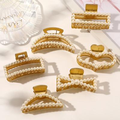 China Hot Selling New Fashion Super Cute Geometric Heart Moon Square Alloy Pearl Hair Claw Clips for sale