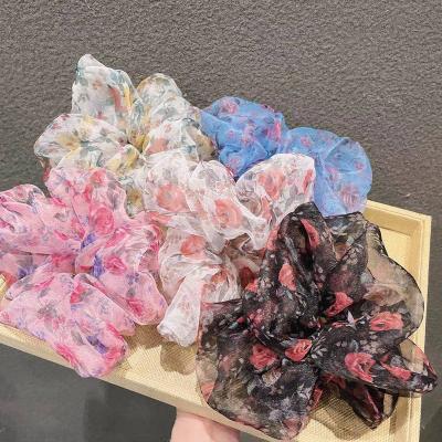 China Hot Selling New Fashion Cute Large Organza Floral Hair Ties Ponytail Holder Scrunchies for Women for sale