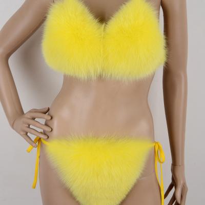 China Pink Real Fox Fur Bikini Free Size With Matching Fur Slipper For Women Fluffy Bathing Suit Sexy Swimwear for sale