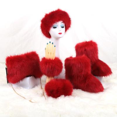 China New Arrival Four-Piece Faux Fur Boots With Matching Color Plush Headband Cuffs Shoulder Bag Set Wholesale for sale