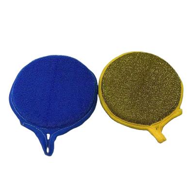 China Sustainable Universal Double Action Kitchen Cleaner Microfiber Scrubber Kitchen Dish Washing Scourer Double Side Round Sponge for sale