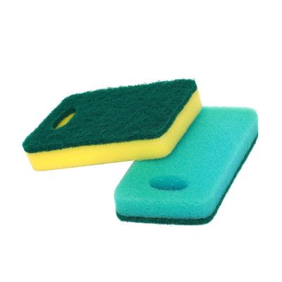 China Sustainable High Quality Rhombus Shape Green Blue Color Kitchen Dish Washing Sponge Scrubber With Hanging Hole for sale