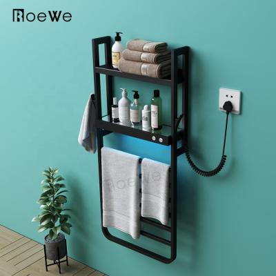 China Intelligent Heater Bath Towel Rack Bathroom Accessories Electric Towel Rail with Shelf Black Towel Rack for sale