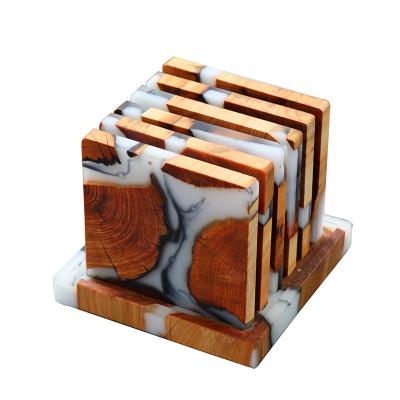 China NW 8cm Sustainable Wooden 9cm Coaster Set With Holder Cup White Resin Glass Coaster for sale